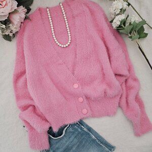 Pink Fuzzy Cropped Cardigan Soft Fluffy Knit Button Front Sweater